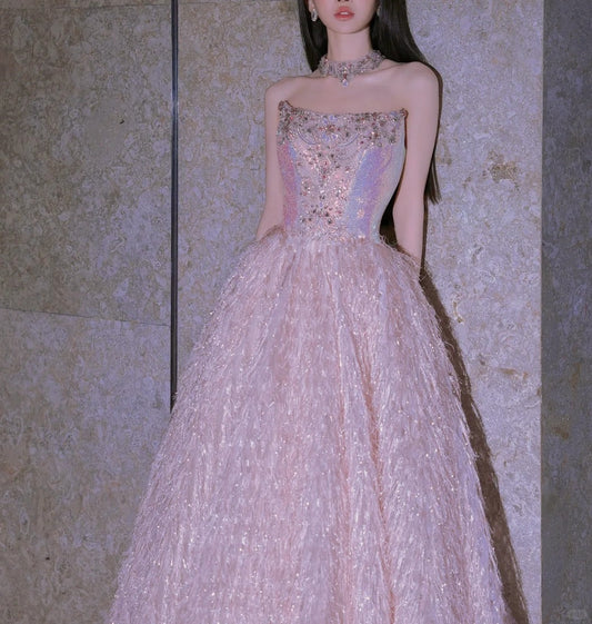 Girlhomeshops-Pink Fashion Beaded Elegant Long Tulle Ball Gown Evening Dress gh5074