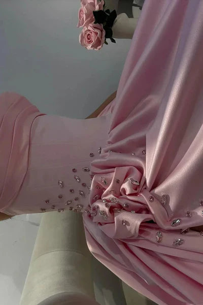 Vintage Pink Satin Strapless Evening Gown Beaded High Slit Party Dress Long Formal Dress TP4971