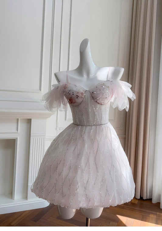Girlhomeshops-Pink Sweet Sequin Short Tulle Homecoming Dress Birthday Party Dress gh5042