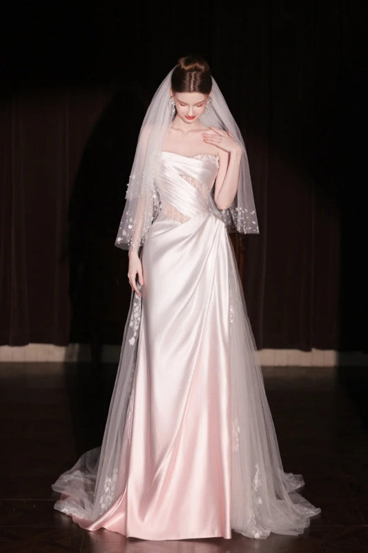 Pink gradient satin lace long tulle wedding dress gh6847
