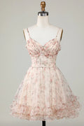 New Fashion Champagne Floral Design A-line Corset Spaghetti Strap Short Homecoming Dress TP3457