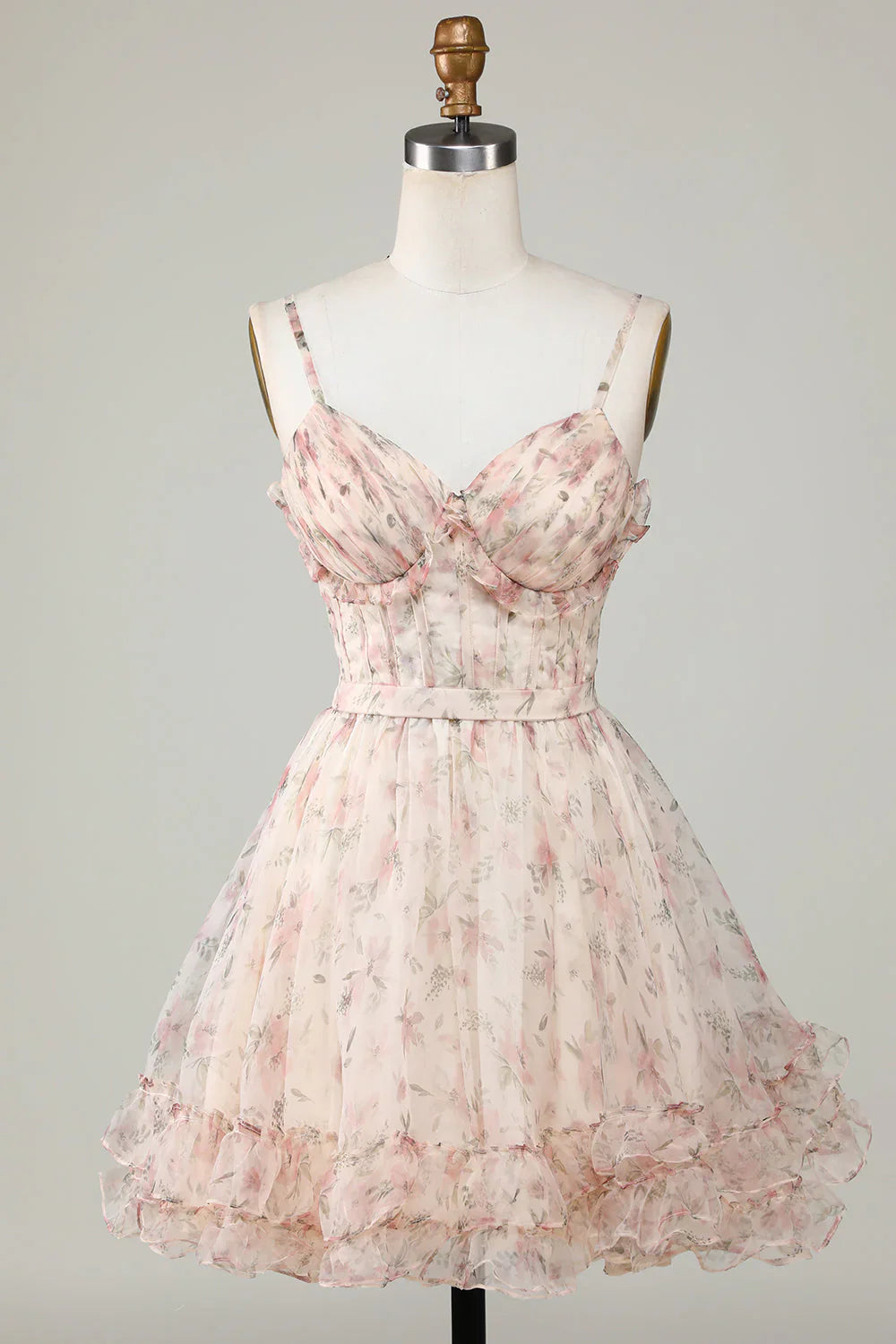 Charming Champagne Corset Floral Design A-line Spaghetti Strap Homecoming Dress TP3642