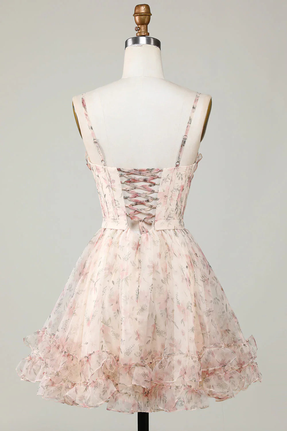 New Fashion Champagne Floral Design A-line Corset Spaghetti Strap Short Homecoming Dress TP3457