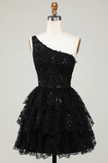 Gorgeous Black One-shoulder Appliques Tulle Design A-line Homecoming Dress TP3632