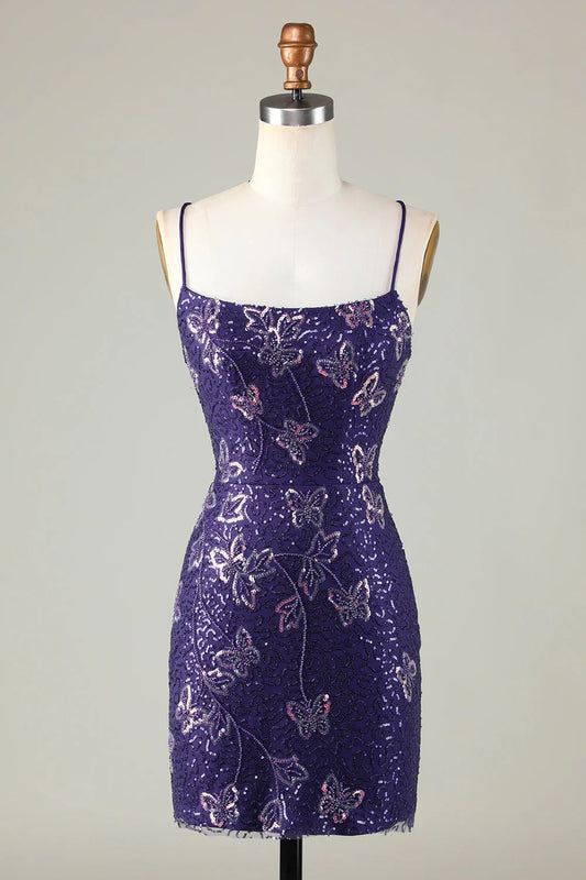 Charming Purple Sequin Design A-line Lace-up Spaghetti Strap Homecoming Dress TP3630