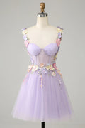 Gorgeous Light Purple 3D Flowers Tulle Design A-line Homecoming Dress TP3633