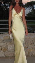 Fancy Yellow Satin Prom Dress Long V Neck Party Maxi Dresses