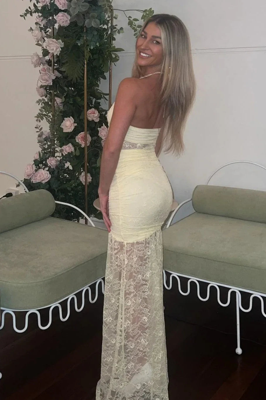 Yellow Halter Sheer Empire Lace Maxi Sheath Party Prom Dress