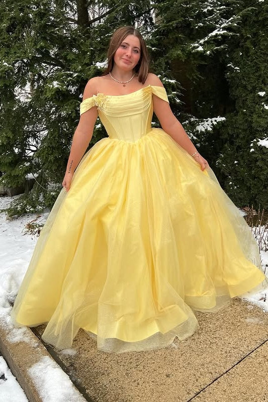 Yellow Off-Shoukder Empire A-Line Princess Long Party Prom Dress