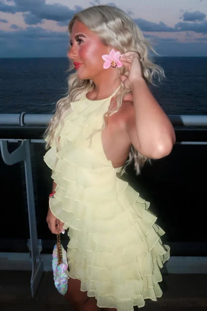 Yellow Round Backless Tiered Chiffon Party Homecoming Dress