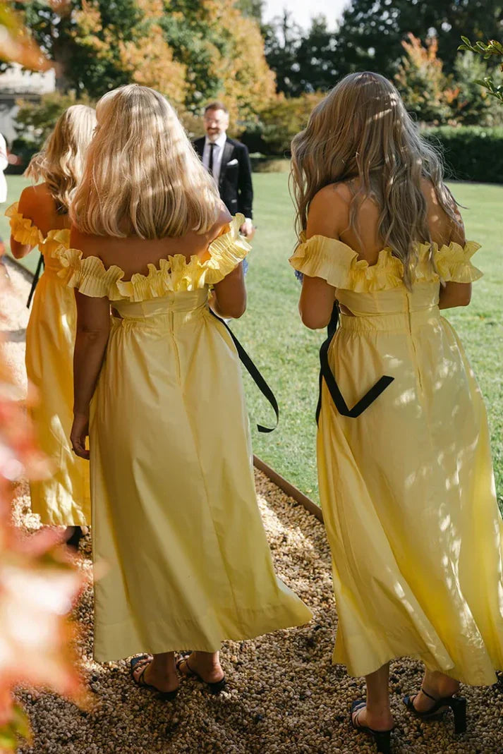Yellow Ruffled Off-Shoulder Satin A-Line Bridesmaid Dress