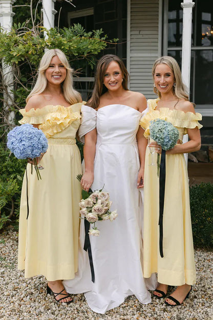 Yellow Ruffled Off-Shoulder Satin A-Line Bridesmaid Dress