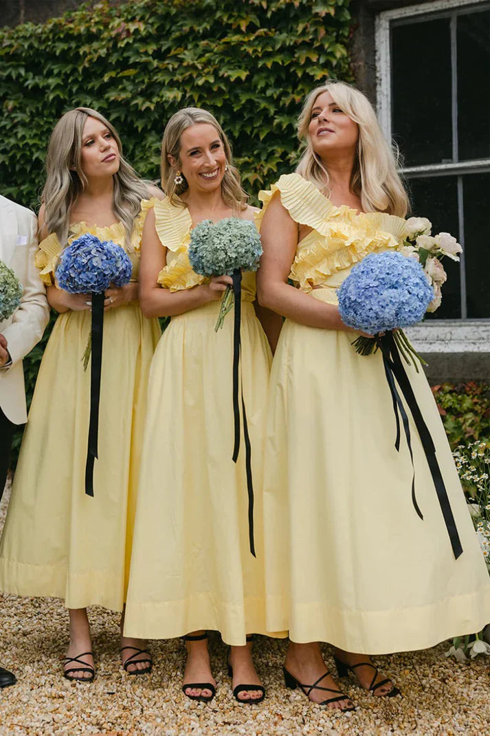 Yellow Ruffled Off-Shoulder Satin A-Line Bridesmaid Dress