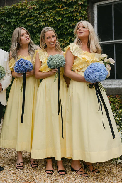 Yellow Ruffled Off-Shoulder Satin A-Line Bridesmaid Dress