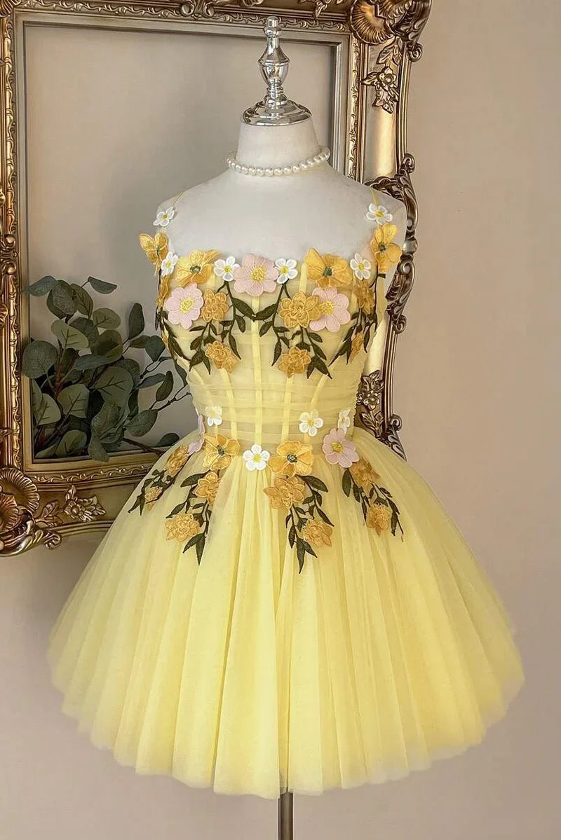 Yellow Spaghetti Straps Tulle A-Line Floral Appliques Homecoming Dress