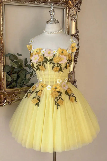 Yellow Spaghetti Straps Tulle A-Line Floral Appliques Homecoming Dress