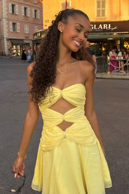 Yellow Sweetheart Strapless Illusion Empire Mini Homecoming Dress