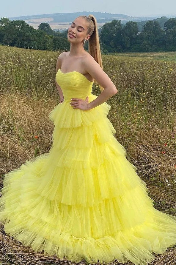 Yellow Sweetheart Strapless Tiered Tulle A-Line Party Prom Dress