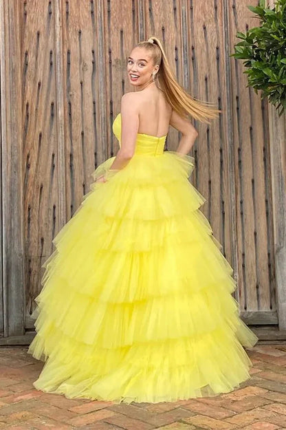 Yellow Sweetheart Strapless Tiered Tulle A-Line Party Prom Dress