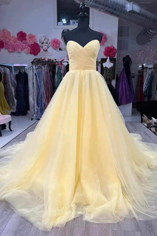 Yellow Tulle A-Line Sweetheart Strapless Empire Party Prom Dress