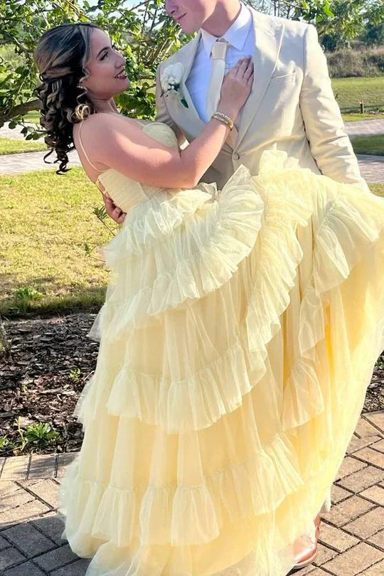 Yellow Tulle A-Line Tiered Sweetheart Empire Party Prom Dress