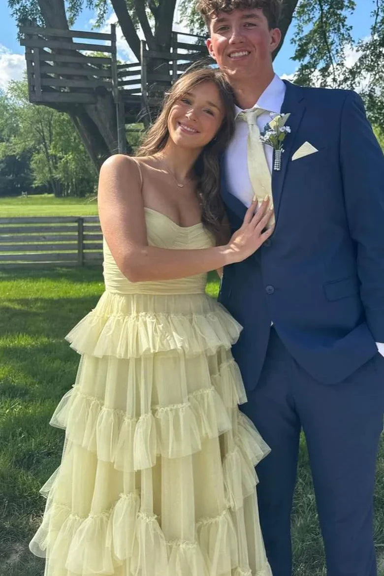 Yellow Tulle A-Line Tiered Sweetheart Empire Party Prom Dress