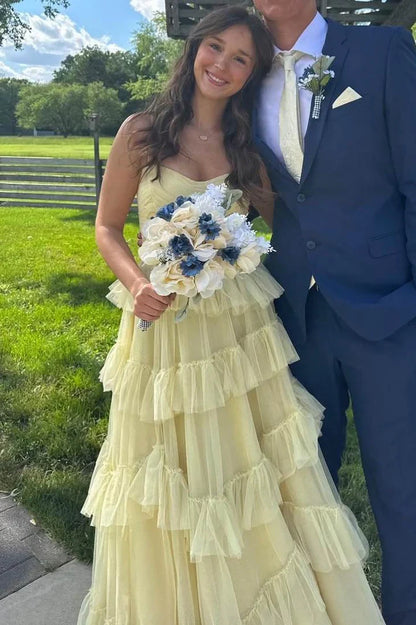 Yellow Tulle A-Line Tiered Sweetheart Empire Party Prom Dress