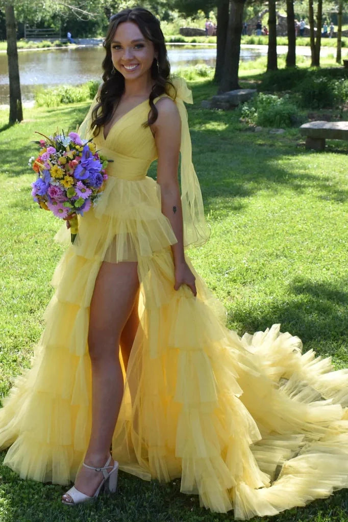 V-Neck Bow Straps Tulle A-Line Tiered Party Prom Dress