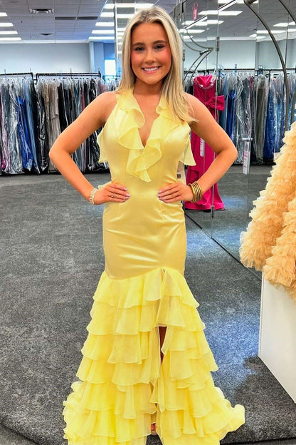 Yellow V-Neck Ruffled Tiered Party Prom Dress With Train
