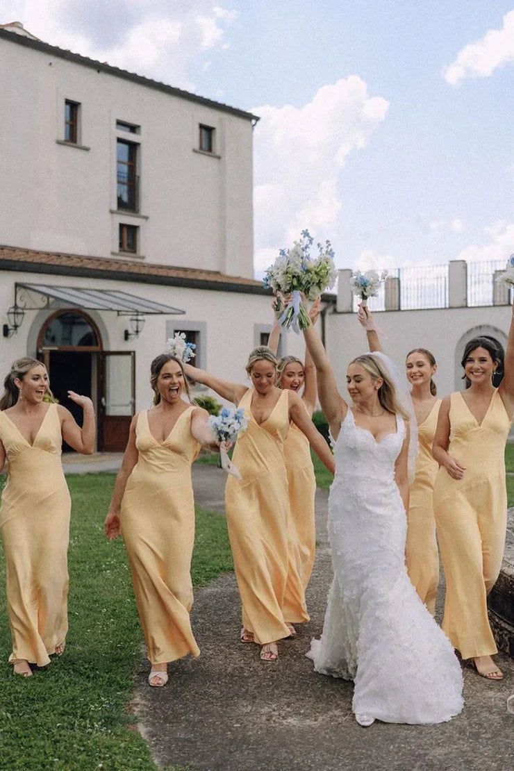Yellow V-Neck Sleeveless Empire Long Bridesmaid Dress