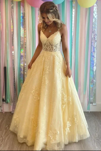 Yellow V-Neck Sleeveless Lace Up Appliques A-Line Formal Prom Dress