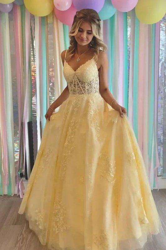 Yellow V-Neck Sleeveless Lace Up Appliques A-Line Formal Prom Dress