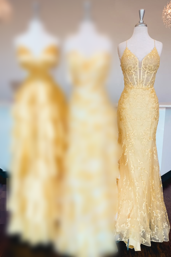 Yellow V-Neck Sleeveless Mermaid Lace Appliques Party Prom Dress
