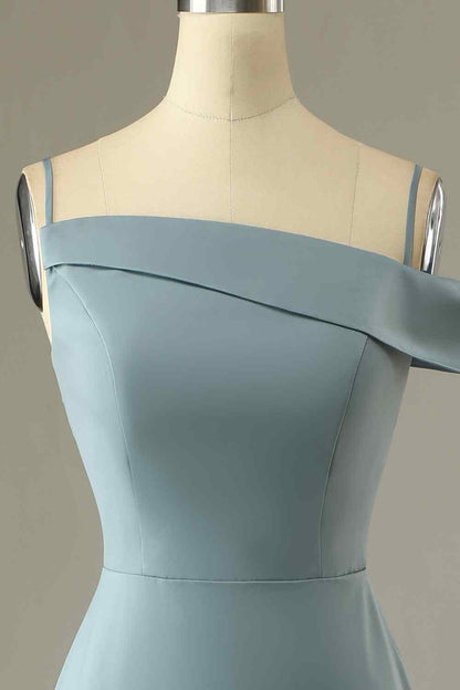 Dolphin Grey A-line Asymmetrical Neck Satin Long Bridesmaid Dress