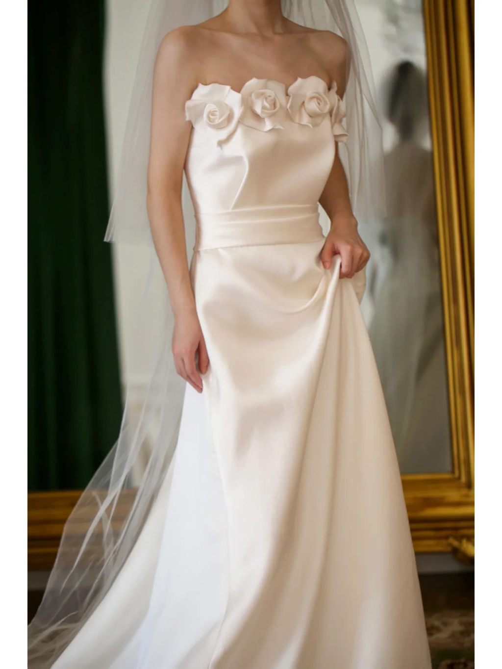 Beautiful A Line Strapless White Satin Wedding Dress Long