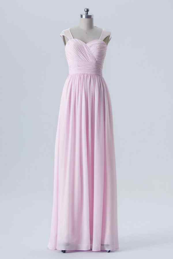A-line Cap Sleeves Pleated Keyhole Chiffon Long Bridesmaid Dress