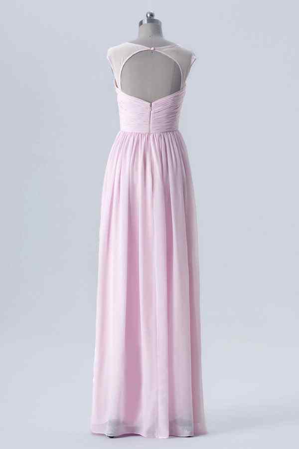 A-line Cap Sleeves Pleated Keyhole Chiffon Long Bridesmaid Dress