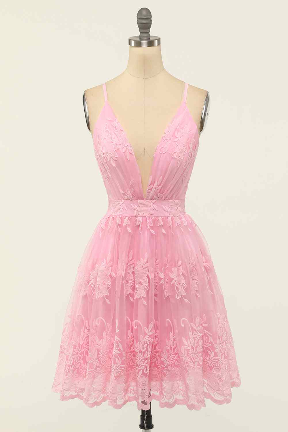 A-line Deep V Neck Crossed Back Embroidery Mini Homecoming Dress