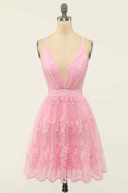 A-line Deep V Neck Crossed Back Embroidery Mini Homecoming Dress