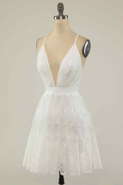 A-line Deep V Neck Crossed Back Embroidery Mini Homecoming Dress