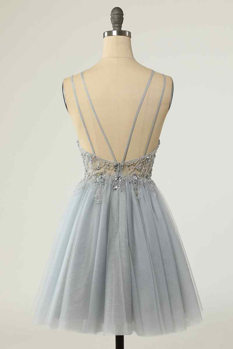A-line Double Straps Deep V Neck Beading Mini Homecoming Dress