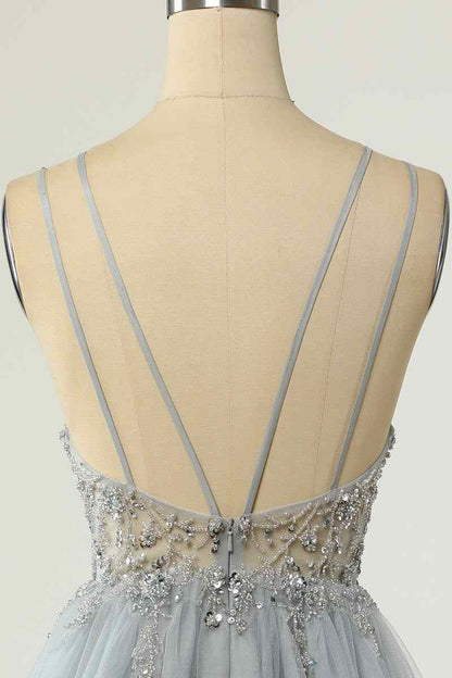 A-line Double Straps Deep V Neck Beading Mini Homecoming Dress