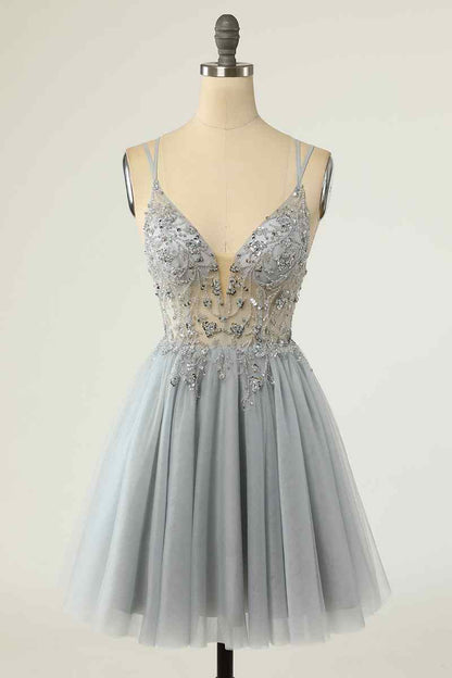A-line Double Straps Deep V Neck Beading Mini Homecoming Dress