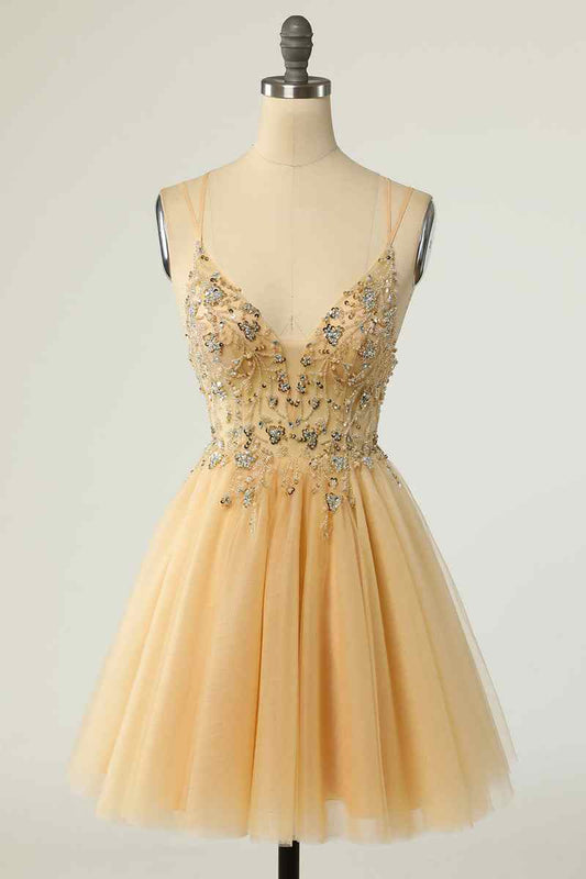 A-line Double Straps Deep V Neck Beading Mini Homecoming Dress