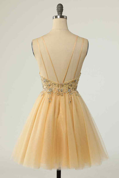 A-line Double Straps Deep V Neck Beading Mini Homecoming Dress