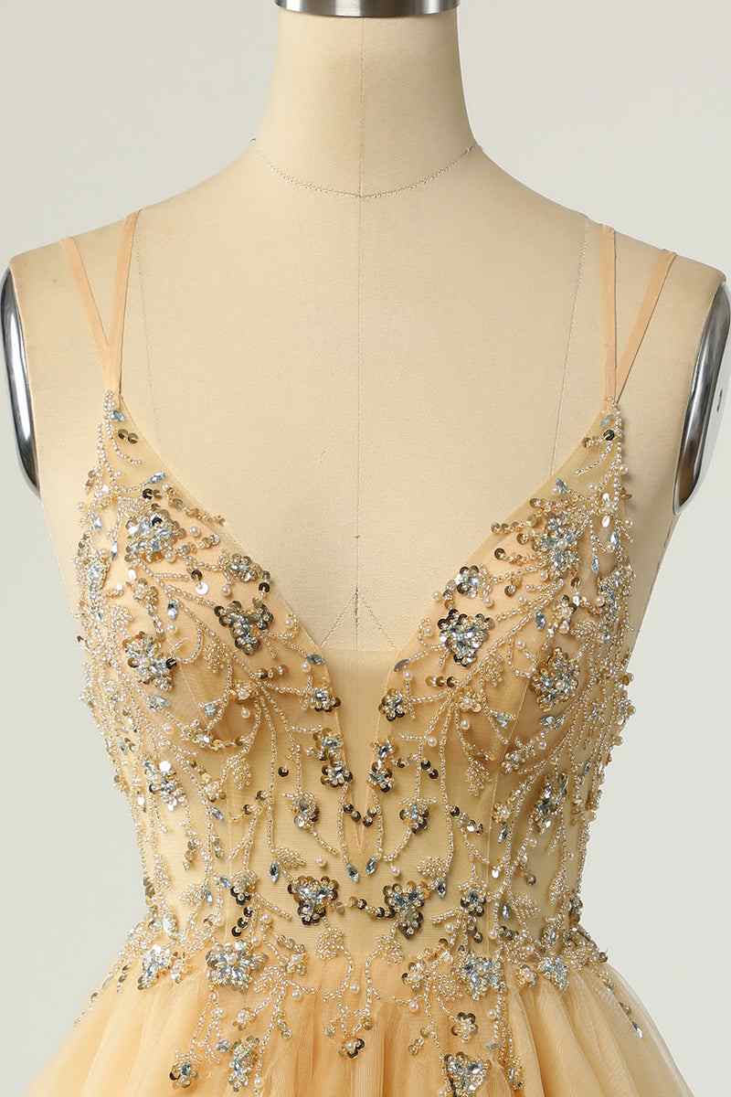 A-line Double Straps Deep V Neck Beading Mini Homecoming Dress