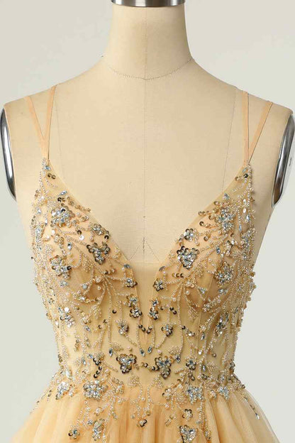 A-line Double Straps Deep V Neck Beading Mini Homecoming Dress
