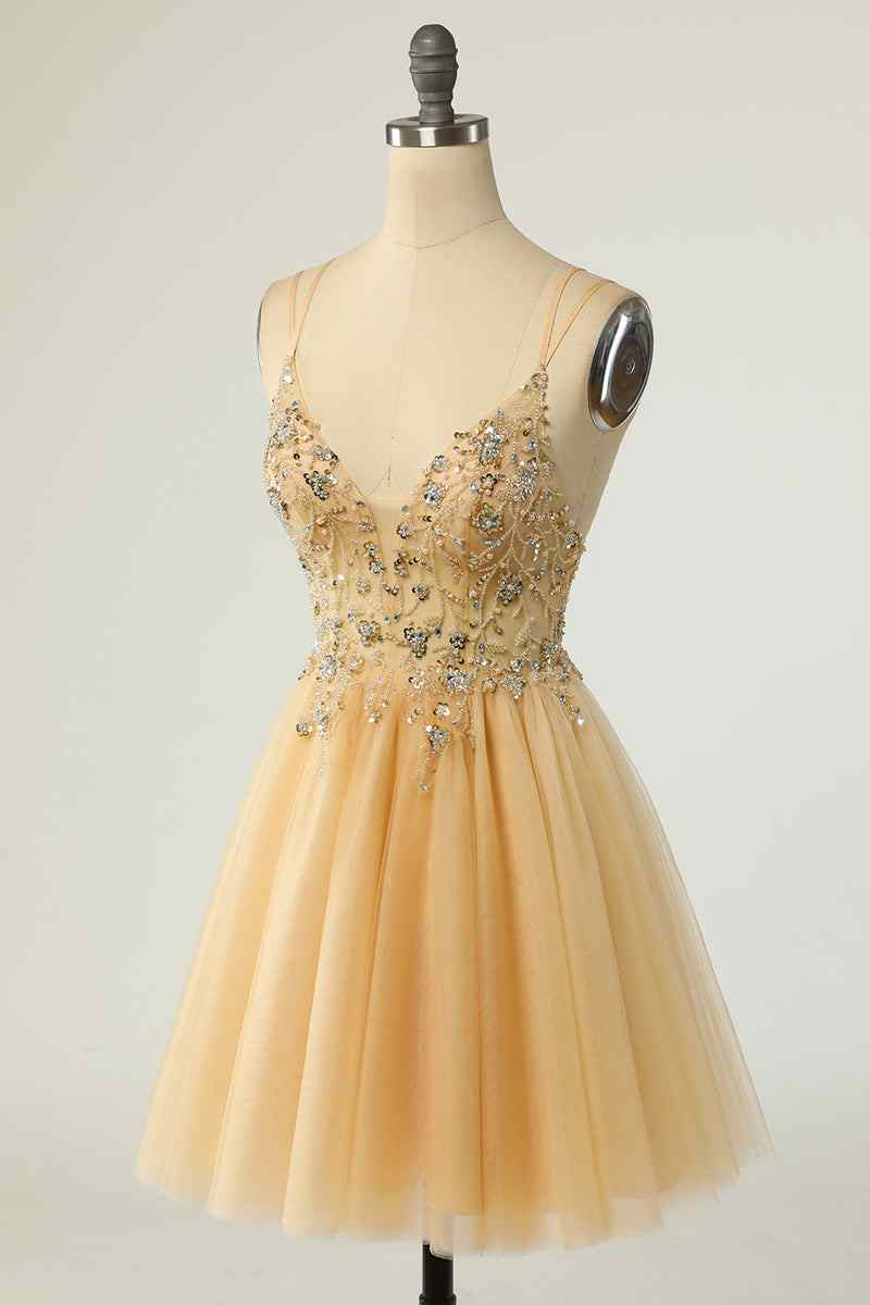 A-line Double Straps Deep V Neck Beading Mini Homecoming Dress