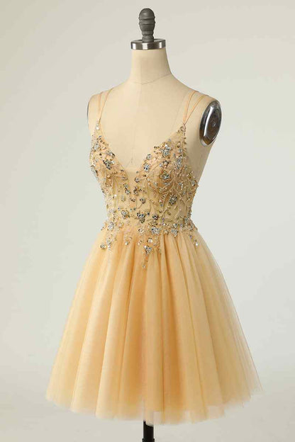 A-line Double Straps Deep V Neck Beading Mini Homecoming Dress