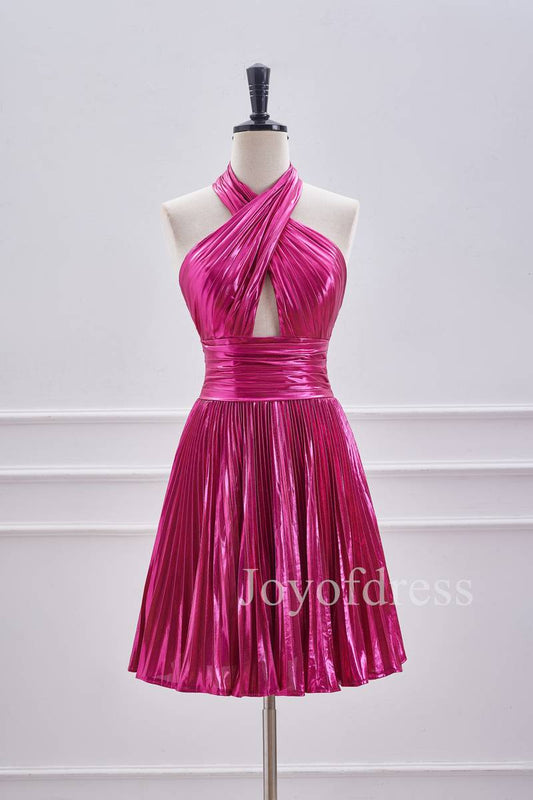 A-Line Halter Fuchsia Keyhole Pleated Short Dress